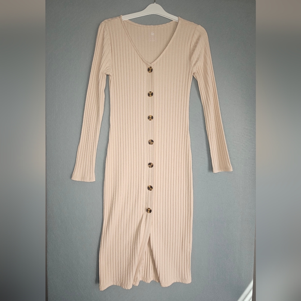Cream Ribbed Button Midi Dress